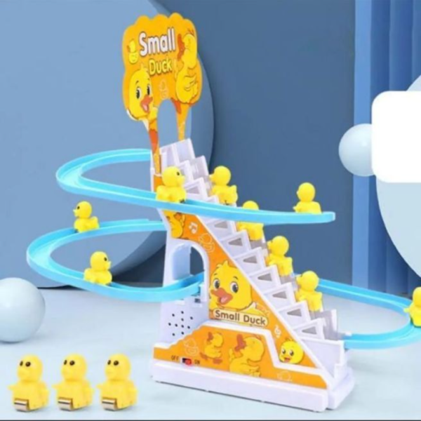 Funny Little Yellow Ducks Climbing Stairs And Sliding At Race